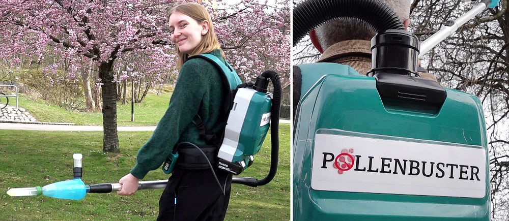 Tvådelad bild. Vänster: Person bär pollenbuster utomhus. Höger: Närbild av pollenbuster.