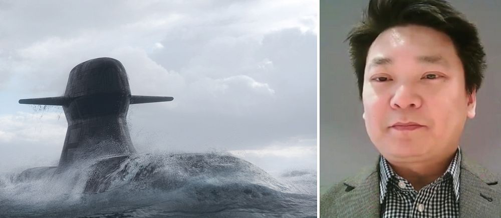 Tvådelad bild. Till vänster: ubåt  A26 som tillverkas av Saab Kockums i Karlskrona bryter vågor. Till höger: Per Olsson forskare på FOI, Stockholm.