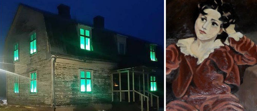 Till vänster: det så kallade spökhuset i Luleå. Till höger: Bild på oljemålning föreställande ljushyad kvinna med röda kläder.