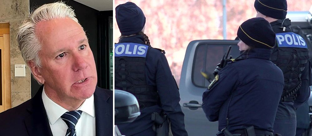 Tor Åström försvarsadvokat, man med grått hår och slips och kostym. Bild 2 tre uniformerade poliser stor med ryggen mot kameran
