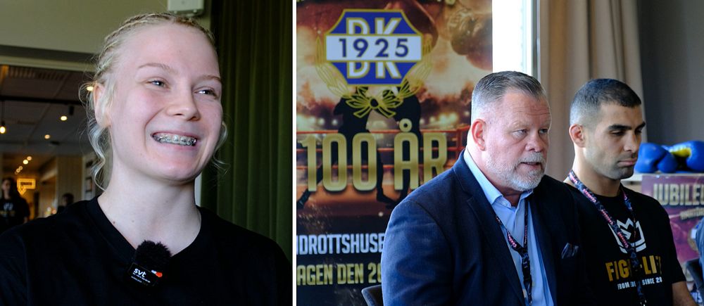 Delad bild. Till vänster: person i DK 1925-tröja. Till höger: två personer vid infobord och affisch.