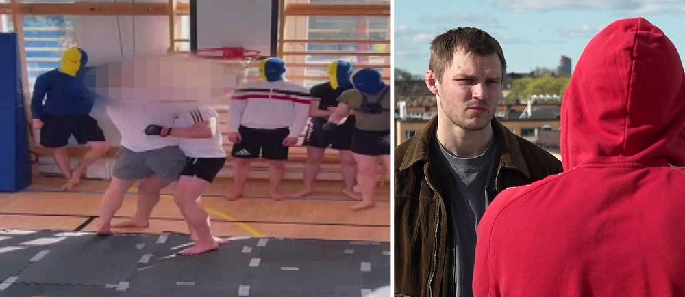 Delad bild. Vänster: brottning i idrottshall. Höger: två personer samtalar utomhus.