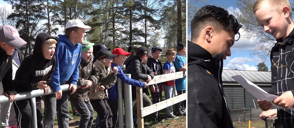 Delad bild. Till vänster: barn står vid ett staket utomhus. Till höger: två personer samtalar.