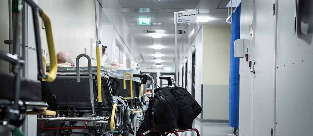 Sjukhuskorridor med sjuksäng där man ser en mans bakhuvud och en rullator vid sidan om sängen