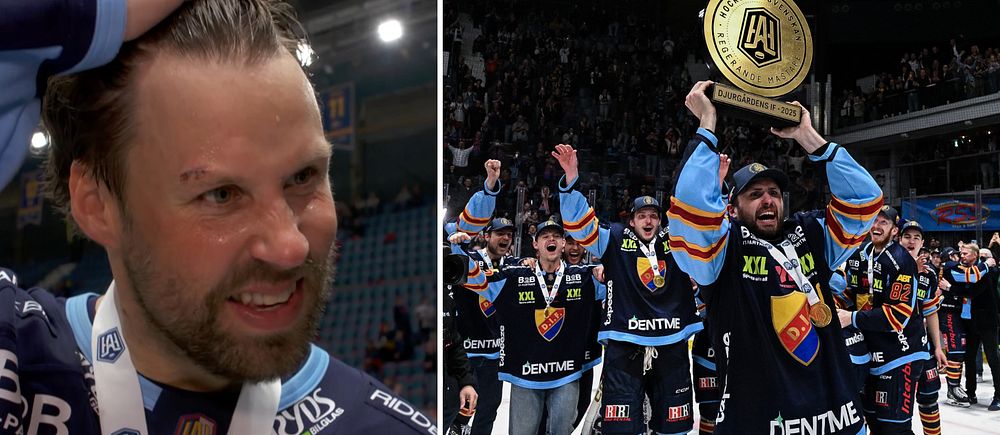 Delad bild. Vänster: ishockeyspelare med medalj. Höger: lag firar med pokal på isen.