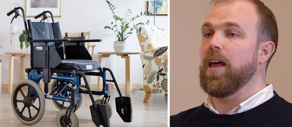 Delad bild. Till vänster: tom rullstol i rum med växter. Till höger: man.