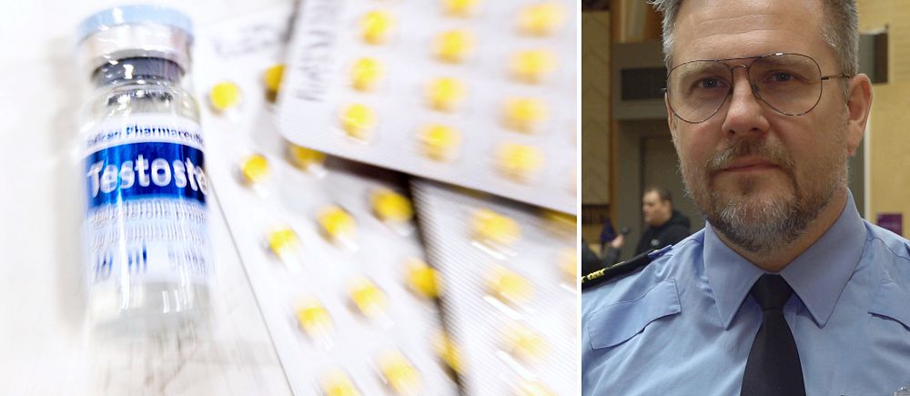 Tvådelad bild. Vänster: Testosteronflaskor och pillerkartor. Höger: Polis i polisuniform.