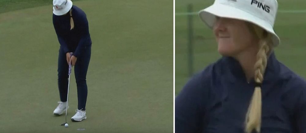 Tvådelad bild. Vänster: Golfspelare puttar. Höger: Samma golfspelare i närbild.