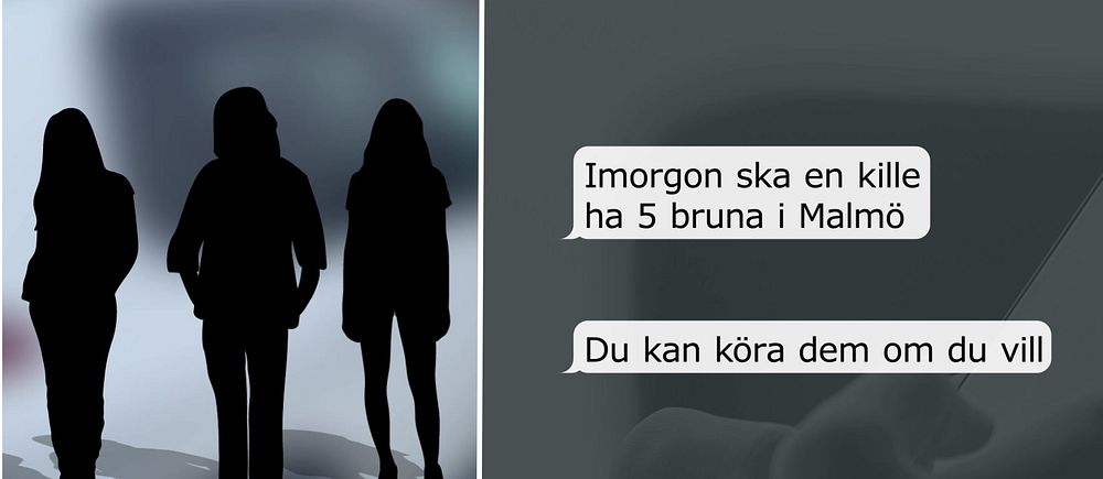 Till vänster syns siluetten av tre kvinnor som står bredvid varandra. Till höger syns en smskonversation där någon erbjuder någon annan att köra ”fem bruna” till Malmö.