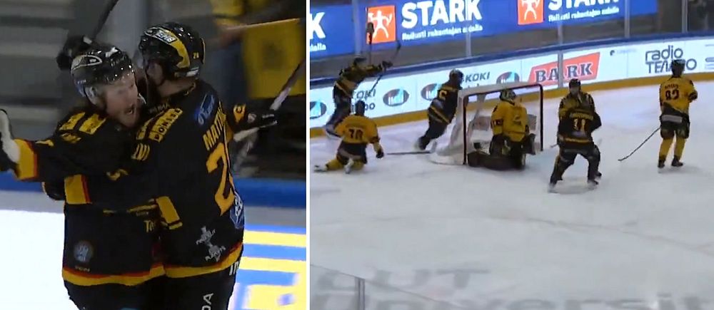 Delad bild. Till vänster: hockeyspelare firar mål. Till höger: pucken i mål bakom målvakten.
