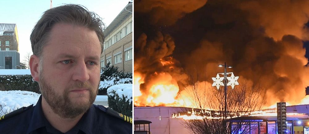 Polischef Daniel Eriksson och brinnande byggnad i Vingåker.