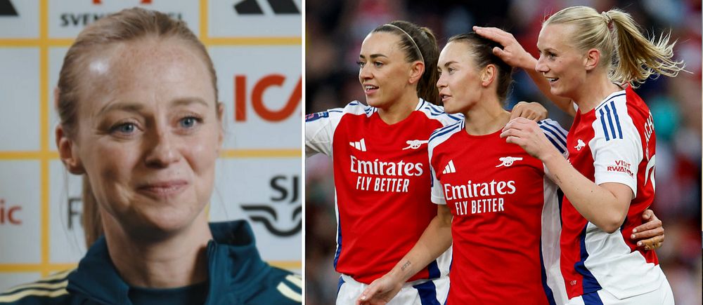 Tvådelad bild. Till vänster: Person i mörkblå jacka framför sponsorvägg. Till höger: Fotbollsspelare i rött firar.