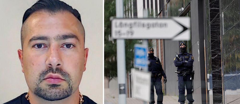 Till vänster: Rawa Majid Till höger: Två tungt beväpnade poliser utanför Elbit i Göteborg.