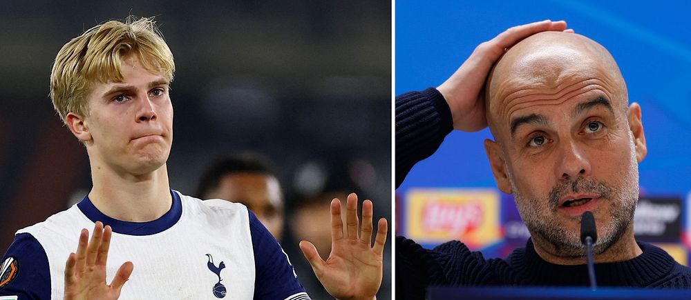 Tvådelad bild. Vänster: Fotbollsspelare i Tottenhamtröja. Höger: Person vid presskonferens.