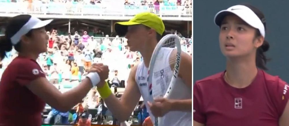 Tvådelad bild. Vänster: Tennisspelare skakar hand. Höger: Närbild av en tennisspelare.