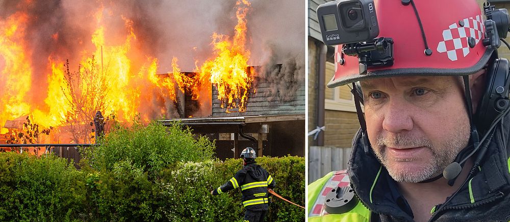 Delad bild. Till vänster: brandmän vid ett hus i full brand. Till höger: brandman med hjälm och kamera.