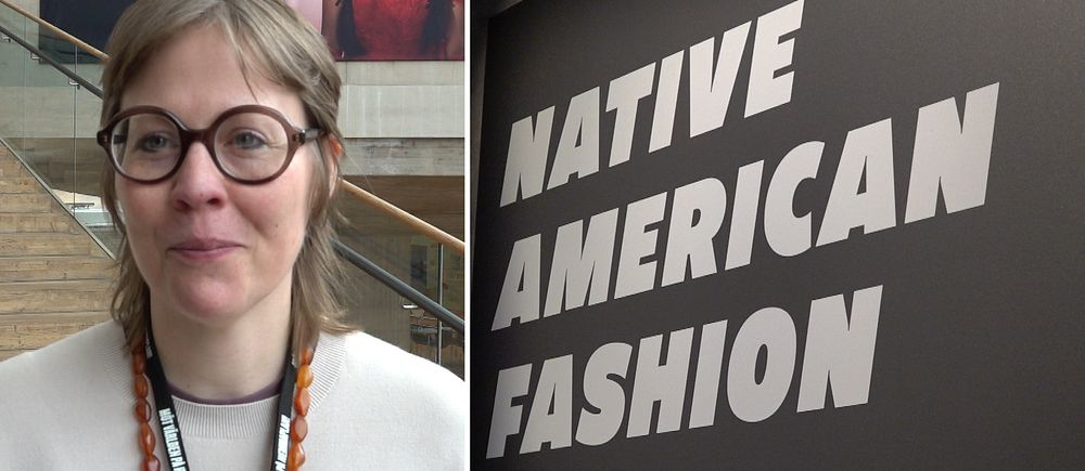 Tvådelad bild. Vänster: Britta Söderqvist visas. Höger: Text ”Native American Fashion”.