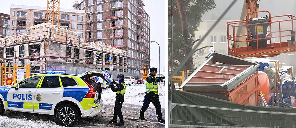 Till vänster utanför byggarbetsplatsen med en polisbil framför, till höger den kraschade hissen i rött