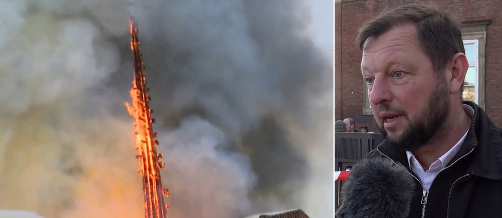 Brinnande spira på Börshuset i Köpenhamn. Till höger: Jon Krog, som arbetar i Börshuset.