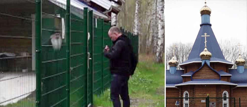 Delad bild. Till vänster: Två män på varsin sida om ett högt stängsel. Till höger: ortodox kyrkobyggnad.