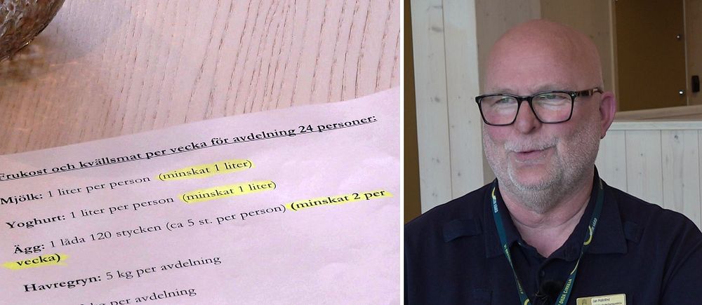 Delad bild. Till vänster: informationsblad med markerad text. Till höger: person i personaluniform
