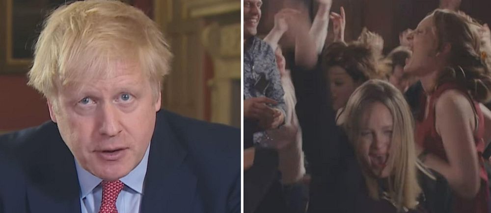 Splitbild på Boris Johnson och festande personer från ny tv-serie om Partygate