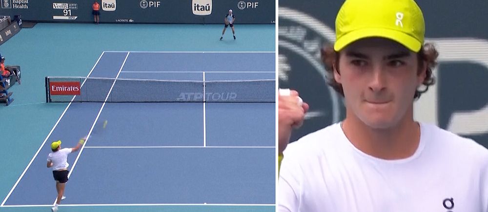 Delad bild. Vänster: Tennismatch pågår. Höger: Idrottare i vit tröja och gul keps.