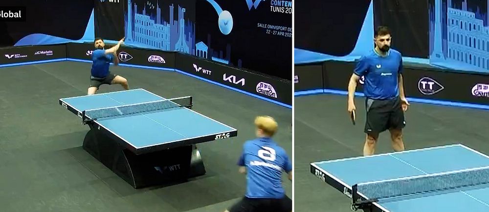 Delad bild. Vänster: två män spelar bordtennis. Höger: spelare i blå tröja vid bordet.