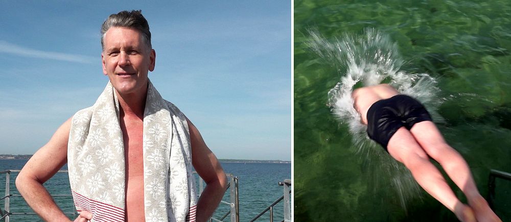 Delad bild. Till vänster: man med handduk på brygga. Till höger: person hoppar i vattnet.