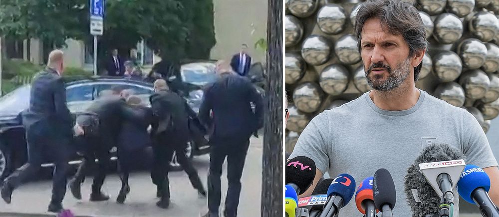 Personer bär bort Slovakiens premiärminister och en man framför mikrofoner