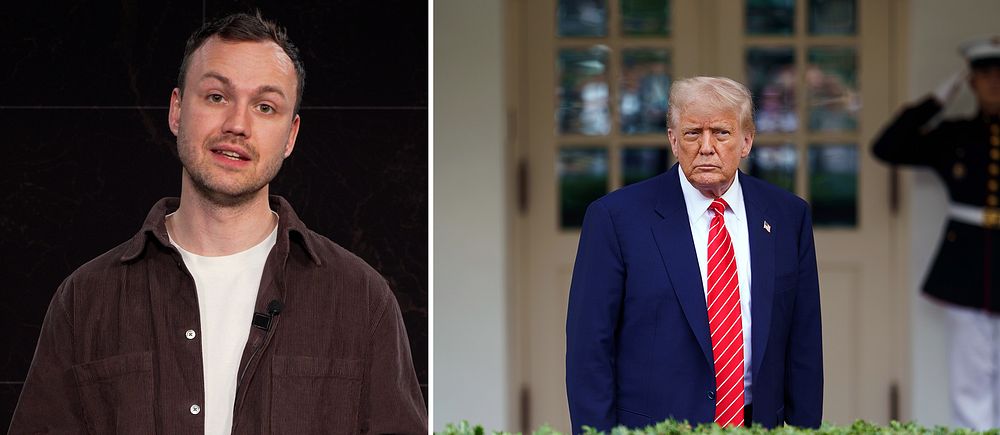 Delad bild. Till vänster: person i mörk skjorta. Till höger: Donald Trump i kostym och röd slips utomhus.