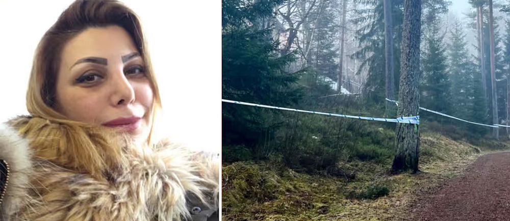 Porträttbild av Joullnar till vänster, till höger skogen där hon hittades död. Polisavspärrningsband draget mellan träden.