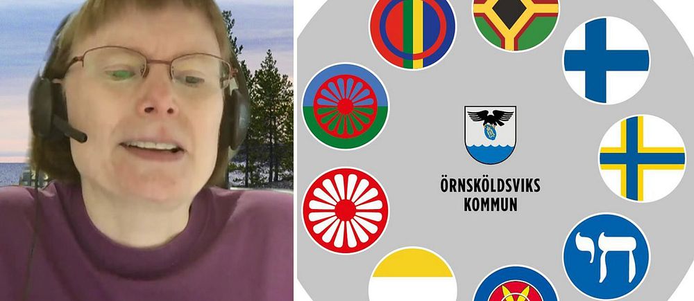 Delad bild. Till vänster person med headset. Till höger: Örnsköldsviks kommuns logotyp och symboler för nationella minoritetsspråk