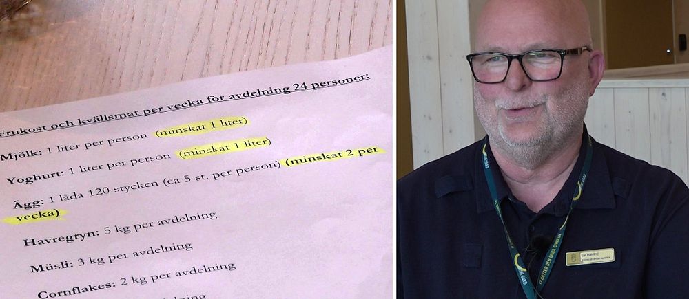 Delad bild. Till vänster: informationsblad med markerad text. Till höger: person i personaluniform