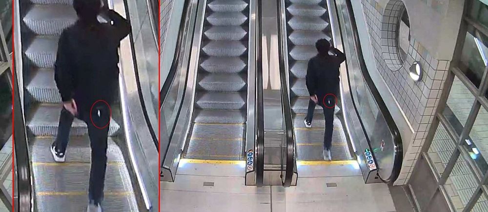 Delad bild. Vänster: närbild av man på rulltrappa. Höger: man går uppför rulltrappor ensam.