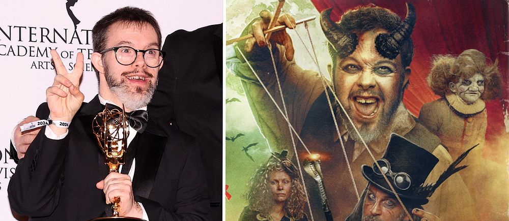 Tvådelad bild. Vänster: Person med pris; Höger: Illustration med karaktärer och djävulmotiv.