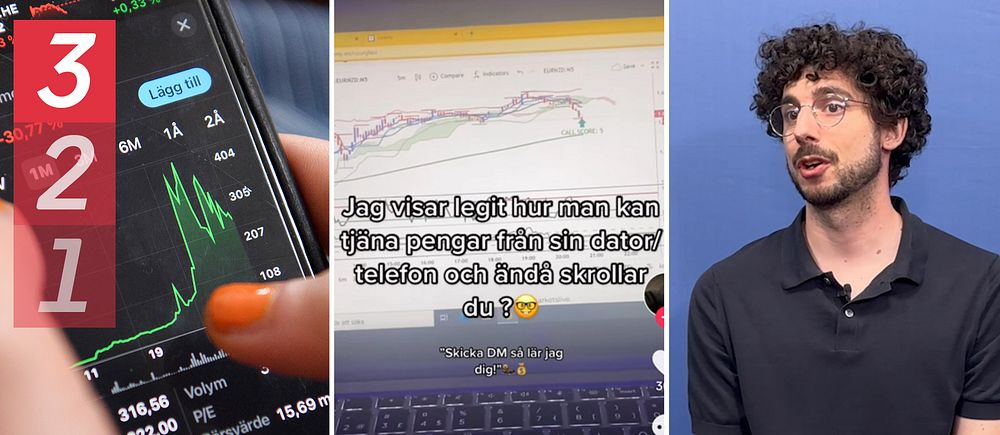 Längst till vänster: närbild på börshandel i mobilen, i mitten, en skärmdump från tips på Tiktok, till höger: ekonomijournalisten Gunnar Harrius