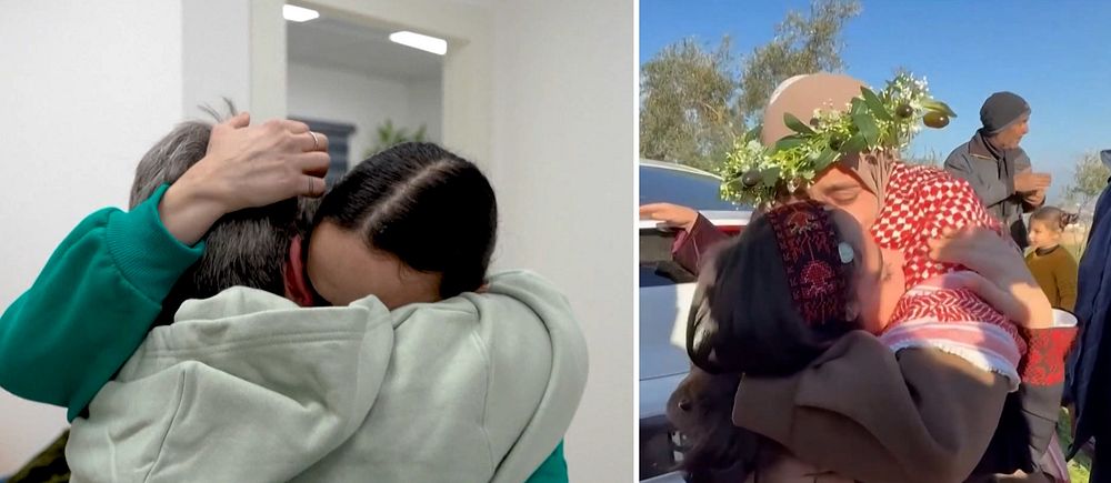 Känslomässiga scener när de tre första frisläppta kvinnorna ur israeliska gisslan i söndags återsåg sina familjer.