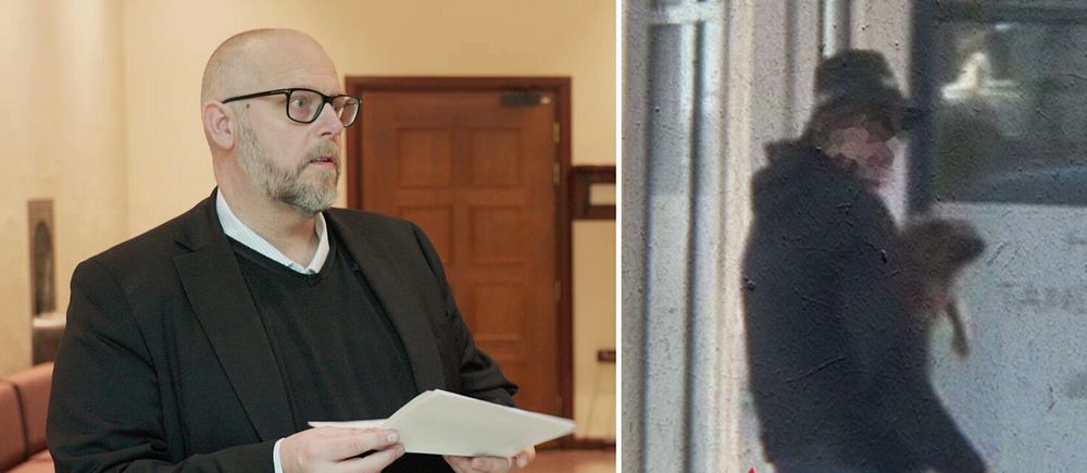 Tvådelad bild. Vänster: person i kostym håller papper. Höger: person vid byggnad med tegelvägg.