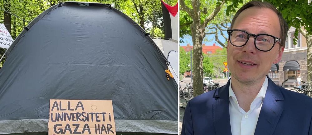 Ett tält med skylten ”alla universitet i Gaza har bombats ned” från tältprotesten i Lundagård, till höger: utbildningsminister Mats Persson, Liberalerna.