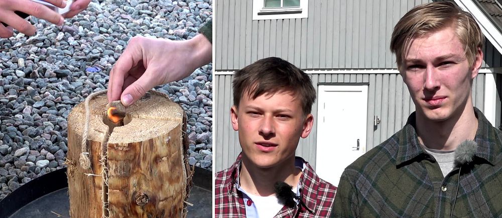 Tvådelad bild. Vänster: hand tänder eld på vedstubbe. Höger: två personer står framför hus.