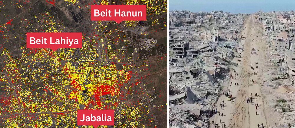 Kartan till vänster visar en detaljerad översikt över områdena Beit Hanun, Beit Lahiya och Jabalia, med färgkodning som indikerar befolkningsdensitet eller skador. Till höger visas en luftig vy av ett förstört stadsområde med en bred gata samt människor som rör sig på denna ödelagda plats.