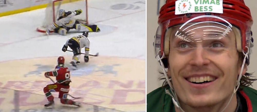 Tudelad bild. Vänster: ishockeyspelare med puck nära mål. Höger: suddig närbild på spelare.