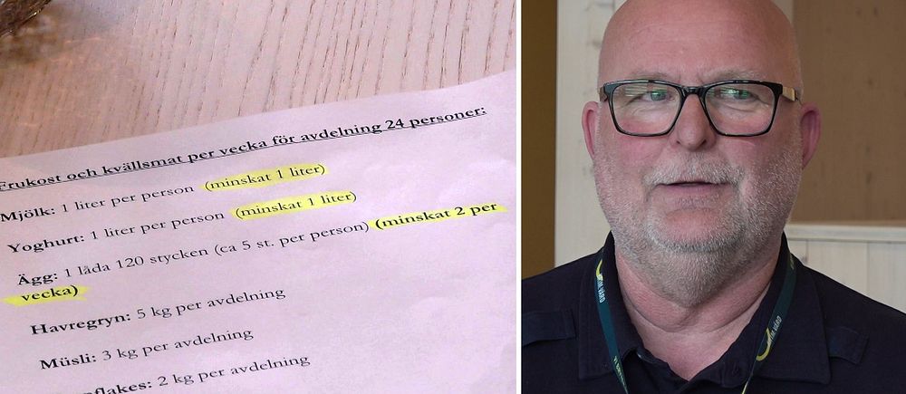Delad bild. Till vänster: närbild på ett dokument med markerad text. Till höger: person i uniform.