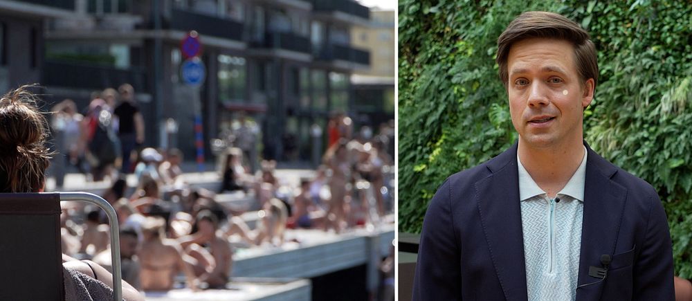 Tvådelad bild. Till vänster: folkmassa vid en brygga. Till höger: Nils Holmqvist framför grön växtvägg.