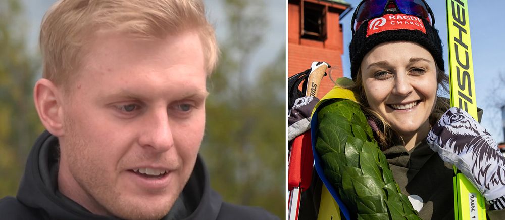 Delad bild. Till vänster: person utomhus. Till höger: skidåkare bredvid ett hus.