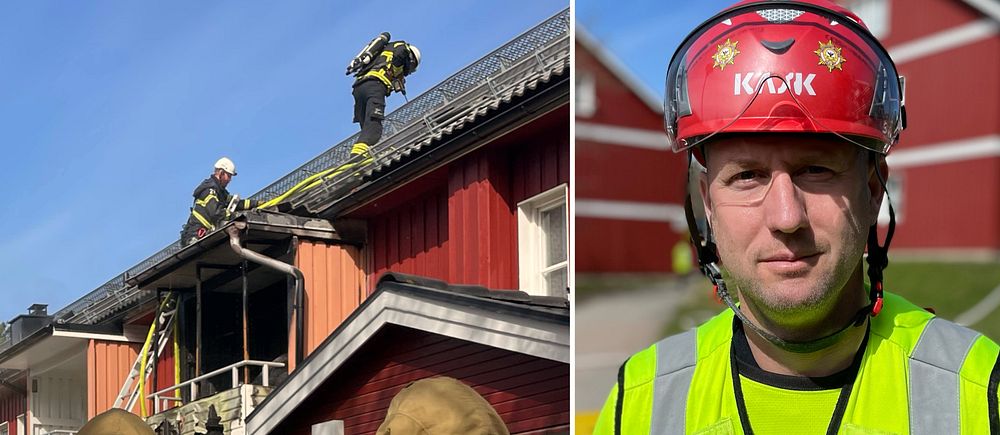 brandmän på taket till en byggnad och porträttbild av räddningsledaren