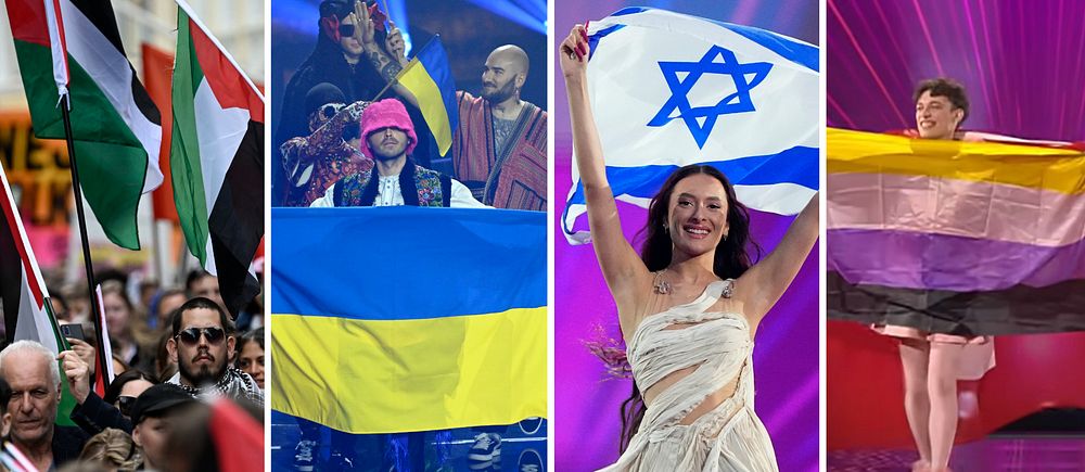 Fyrdelad bild. Från vänster: palestinska, ukrainska, israeliska och icke-binära flaggor.