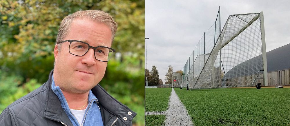 Två bild: Porträttbild på Mattias Remahl och vit linje med fotbollsmål vid fotbollsplan