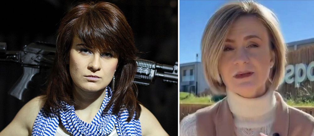 Tvådelad bild. Vänster: Maria Butina med gevär på axlarna. Höger: Maria Butina som pekar in i kameran medan hon berättar något.